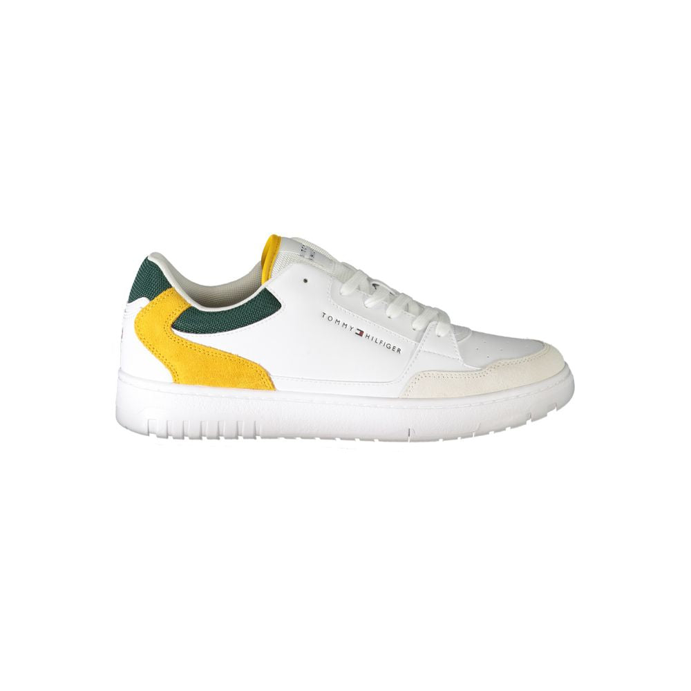 Tommy Hilfiger Bianco leather men's sneaker with white upper, laces, and brand logo detail on the side.