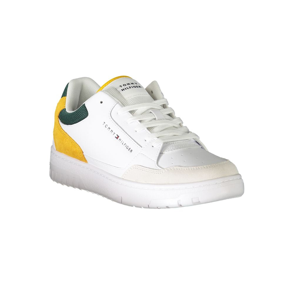 Tommy Hilfiger Bianco leather men's sneaker with white design and stylish laces, showcasing a sleek casual footwear style.