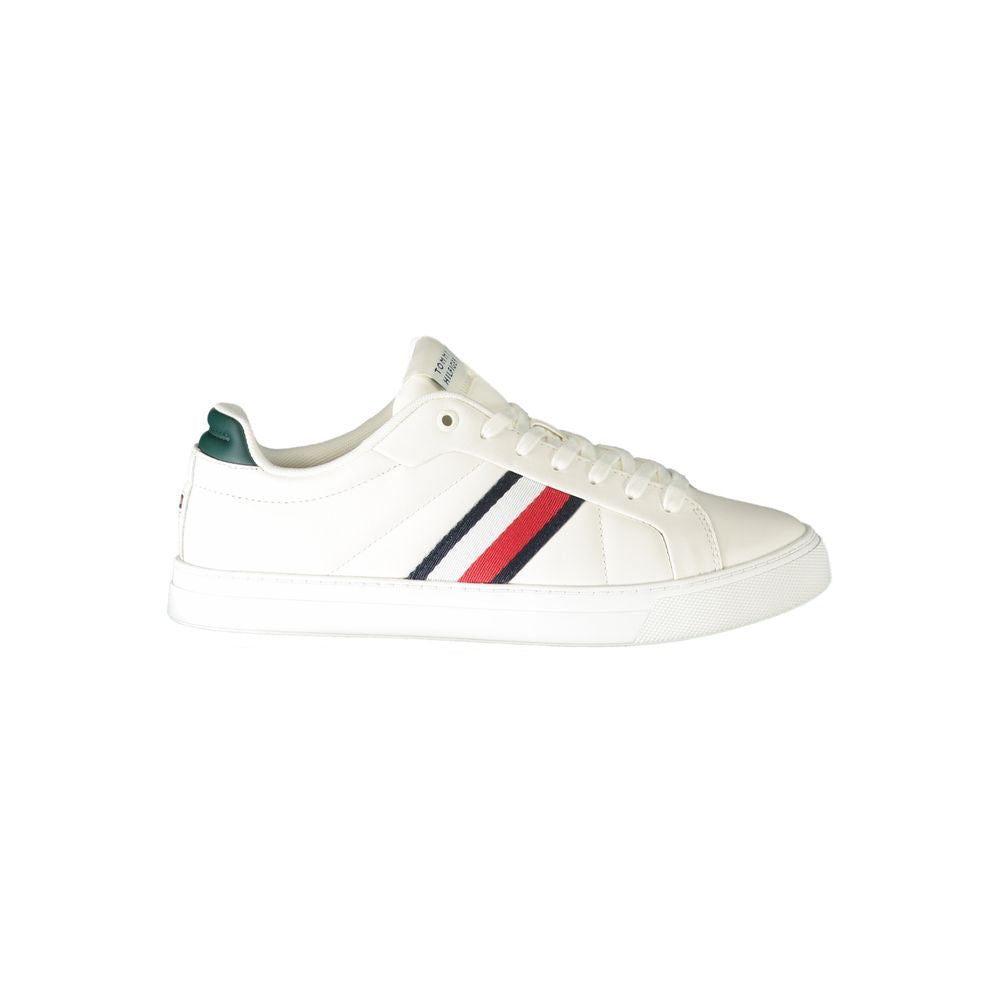 Tommy Hilfiger white leather men's sneaker with a sleek design and casual style, featuring the brand's logo on the side.