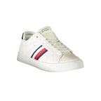 White leather men's sneaker by Tommy Hilfiger with sleek design and rubber sole, featuring subtle branding details.