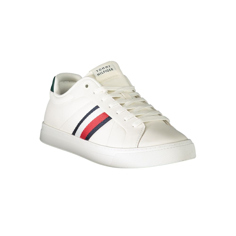 White leather men's sneaker by Tommy Hilfiger with sleek design and rubber sole, featuring subtle branding details.