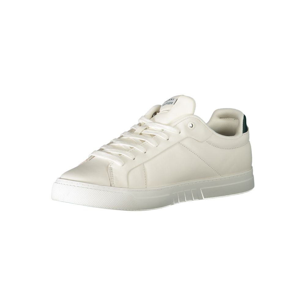 White leather Tommy Hilfiger men's sneaker with a sleek design and brand logo on the side.