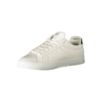 White leather Tommy Hilfiger men's sneaker with a sleek design and brand logo on the side.