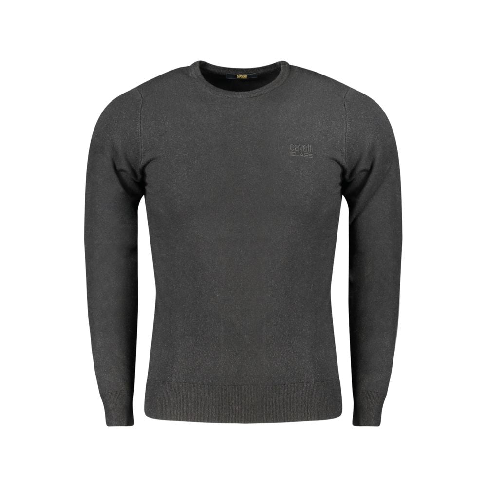 Cavalli Class Nero Viscosa Uomo maglia in black viscose fabric, close-up of the men's long-sleeve shirt with a smooth texture.