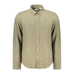 Timberland Verde Linen Men’s Shirt in green, lightweight fabric, button-up style, with collar and long sleeves.