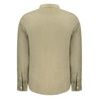 Timberland Verde Linen Men’s Shirt in green, casual fit with collar and button front, displayed on a hanger.