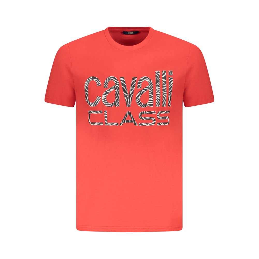 Cavalli Class Rosso Cotton Men T-Shirt featuring a classic crew neck and short sleeves, displayed on a hanger.