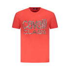 Cavalli Class Rosso Cotton Men T-Shirt featuring a classic crew neck and short sleeves, displayed on a hanger.