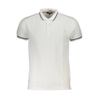 White cotton men's polo shirt by Cavalli Class, featuring a classic collar and short sleeves, displayed on a plain background.