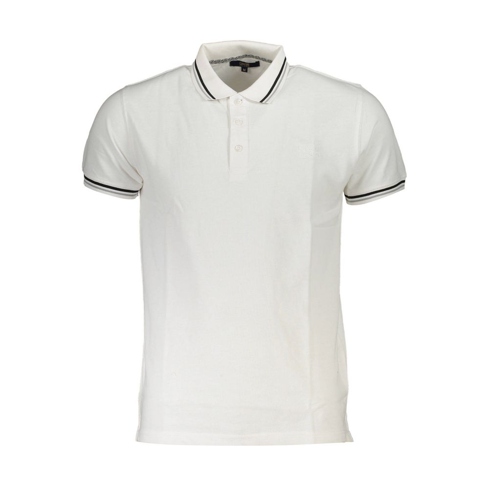 White cotton men's polo shirt by Cavalli Class, featuring a classic collar and short sleeves, displayed on a plain background.