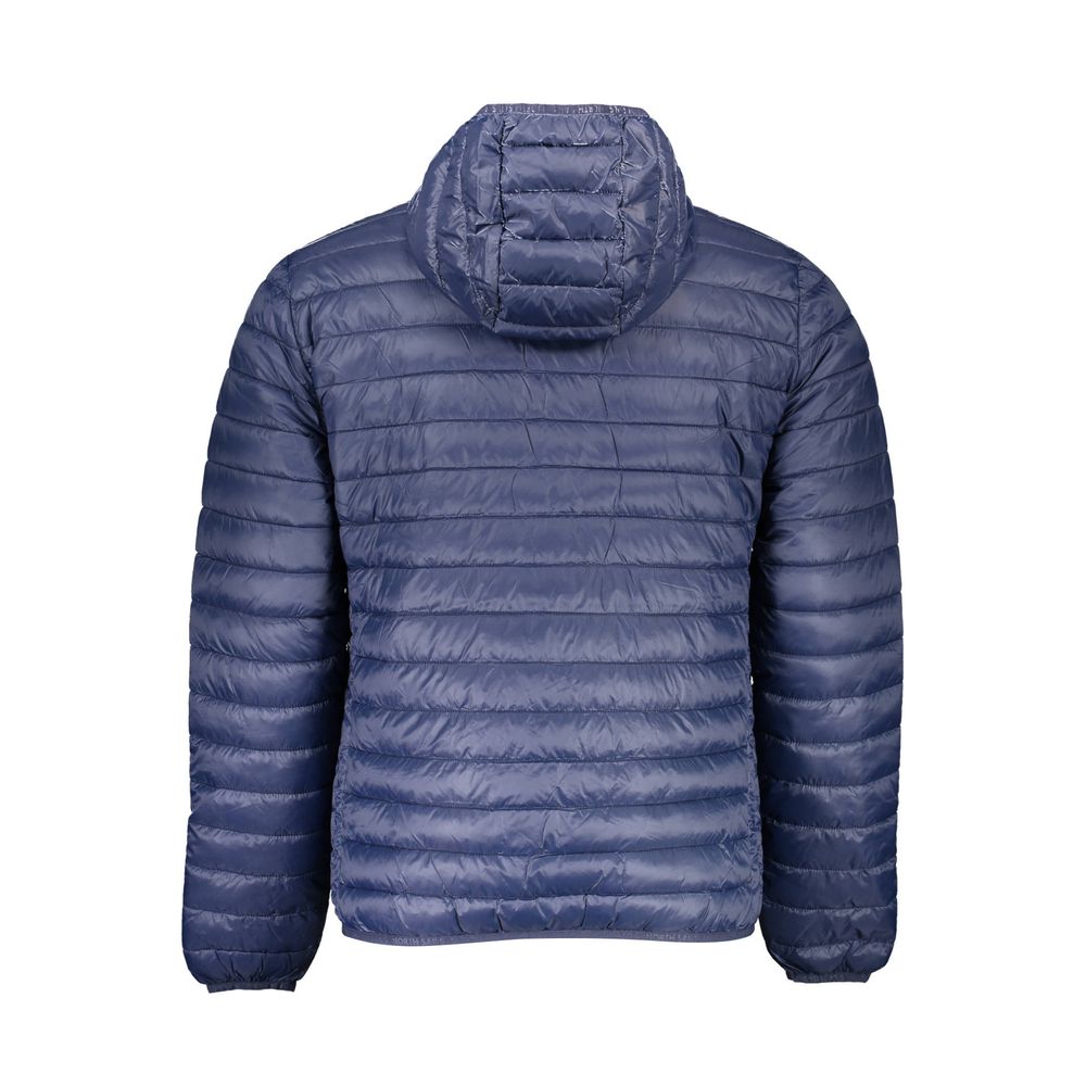 North Sails blue polyamide men's jacket hanging on a rack, showcasing lightweight waterproof outerwear.