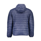 North Sails blue polyamide men's jacket hanging on a rack, showcasing lightweight waterproof outerwear.