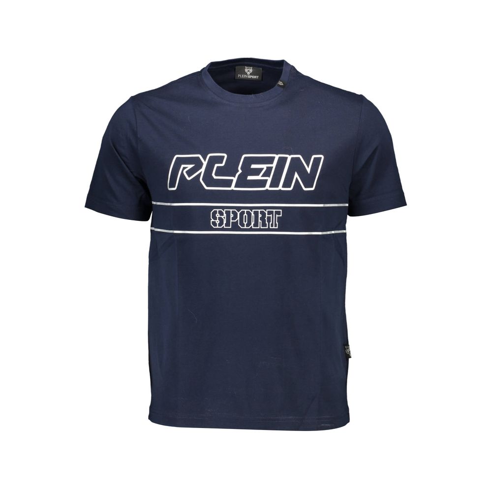 Blue cotton men's T-shirt by Plein Sport with a crew neckline and casual fit, displayed on a plain background.