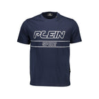 Blue cotton men's T-shirt by Plein Sport with a crew neckline and casual fit, displayed on a plain background.