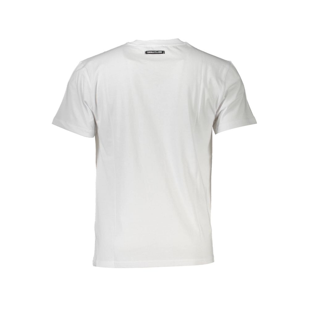 White cotton men's T-shirt by Cavalli Class, featuring a classic fit and simple design, shown on a hanger.