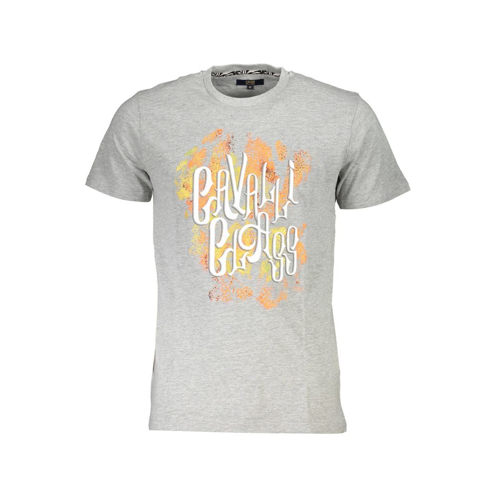 Cavalli Class gray cotton men's T-shirt with round neckline and short sleeves, casual style and comfortable fit.