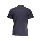 Napapijri blue cotton men's polo shirt displayed on a hanger, featuring a classic collar and short sleeves.