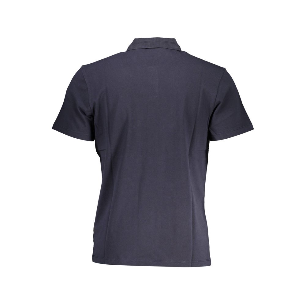 Napapijri blue cotton men's polo shirt displayed on a hanger, featuring a classic collar and short sleeves.