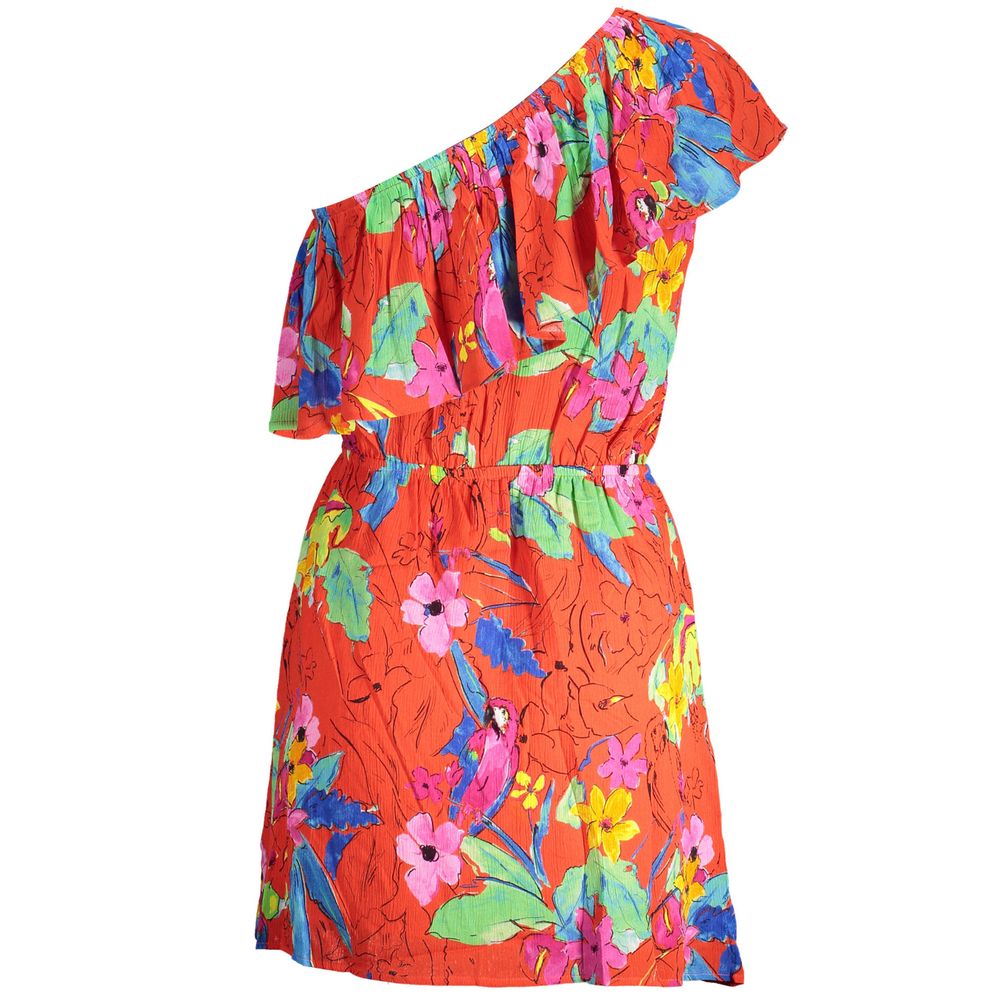 Red viscose women’s dress by Desigual with a relaxed fit and floral pattern, displayed on a hanger against a neutral background.