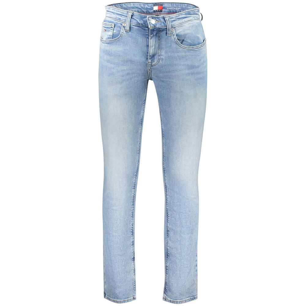 Tommy Hilfiger Azzurro cotton men's jeans showing classic fit and blue denim fabric, front view with pockets and belt loops.