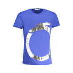 Blue cotton men's T-shirt by Trussardi featuring a crew neck and casual fit, displayed flat.
