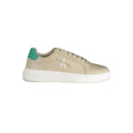 Calvin Klein beige leather men's sneaker with white sole and minimalist design, showcasing smooth leather upper and stylish comfort.