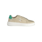 Calvin Klein beige leather men's sneaker with white sole and minimalist design, showcasing smooth leather upper and stylish comfort.