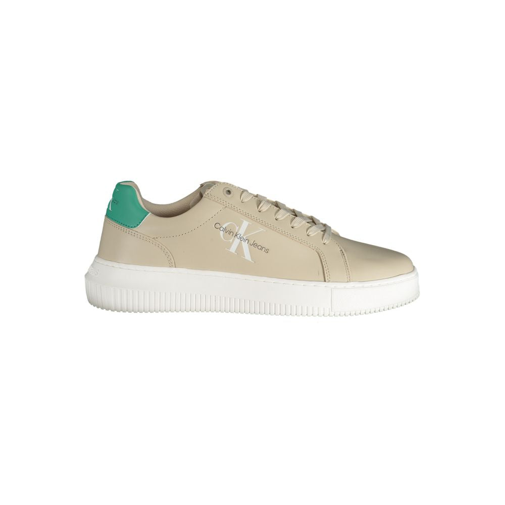 Calvin Klein beige leather men's sneaker with white sole and minimalist design, showcasing smooth leather upper and stylish comfort.