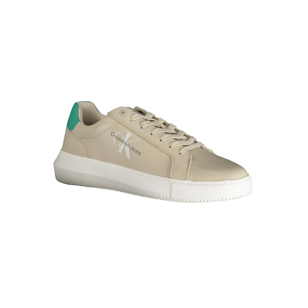Beige Calvin Klein leather men's sneaker with white sole and sleek design, showcasing casual style and premium craftsmanship.
