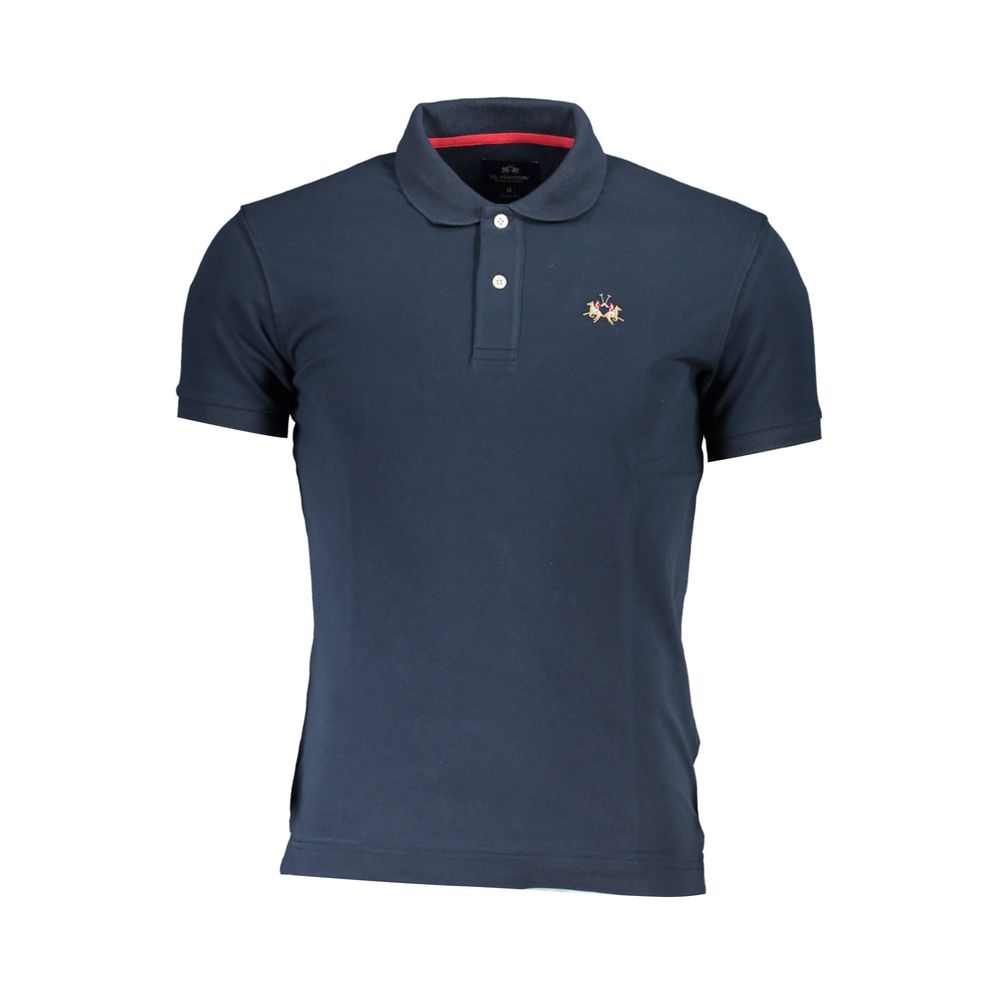 Blue La Martina men's cotton polo shirt with a classic collar and short sleeves, displayed on a neutral background.