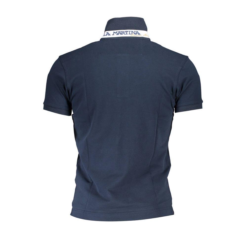 Blue cotton men's polo shirt by La Martina, featuring a classic collar and short sleeves, displayed on a hanger.