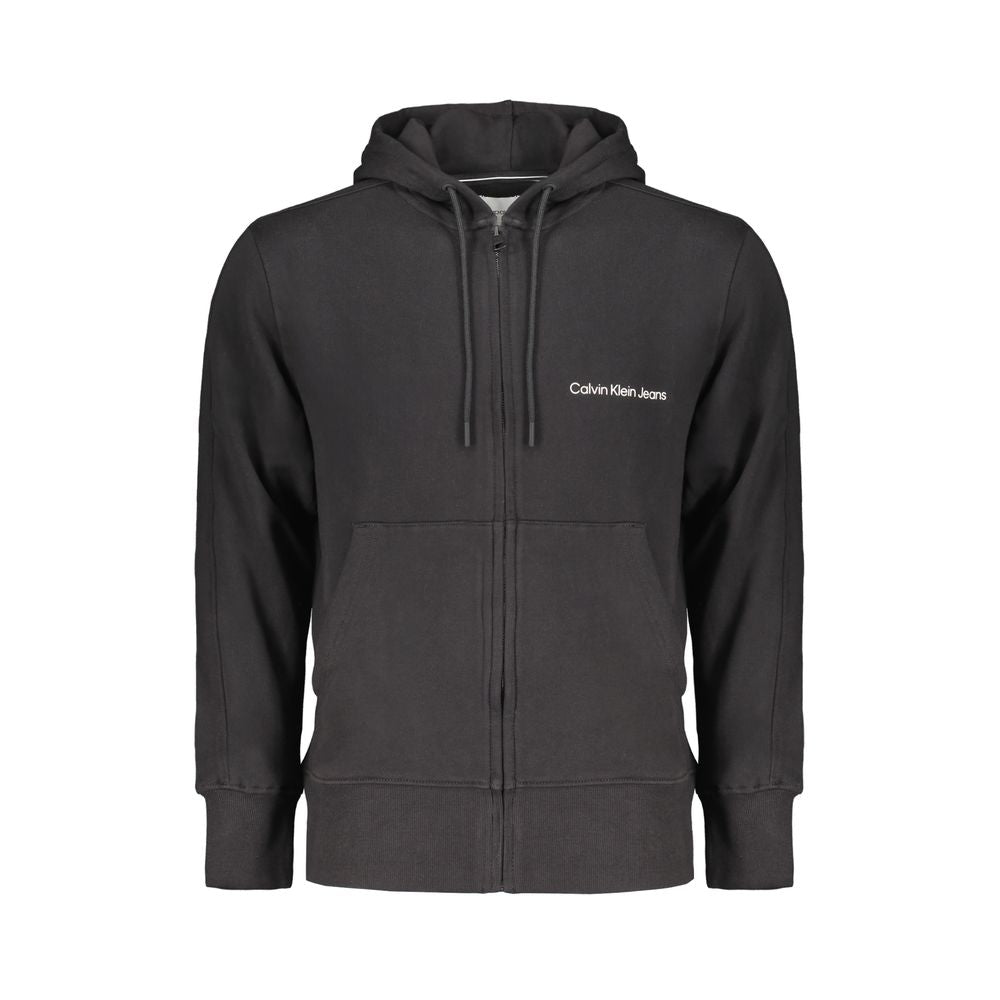 Calvin Klein black cotton men's hoodie sweater with central pockets and a relaxed fit, shown on a plain background.