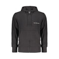 Calvin Klein black cotton men's hoodie sweater with central pockets and a relaxed fit, shown on a plain background.
