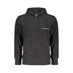 Calvin Klein black cotton men's hoodie sweater with central pockets and a relaxed fit, shown on a plain background.