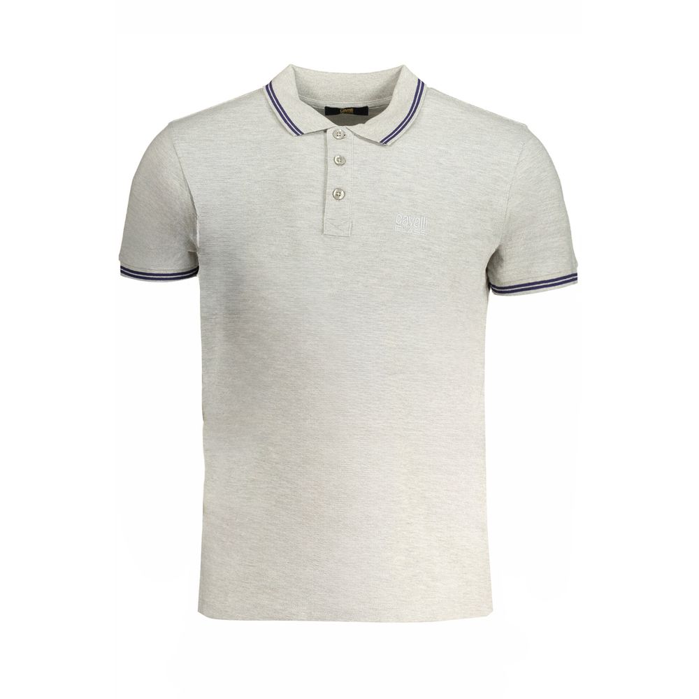 Cavalli Class gray cotton men's polo shirt with collar and short sleeves, showcasing a casual and stylish design.