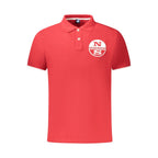 Red North Sails cotton men's polo shirt displayed on a hanger with visible collar and short sleeves.