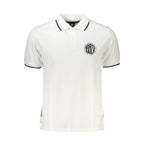 White cotton men's polo shirt by North Sails, featuring a classic collar and short sleeves, displayed on a hanger.