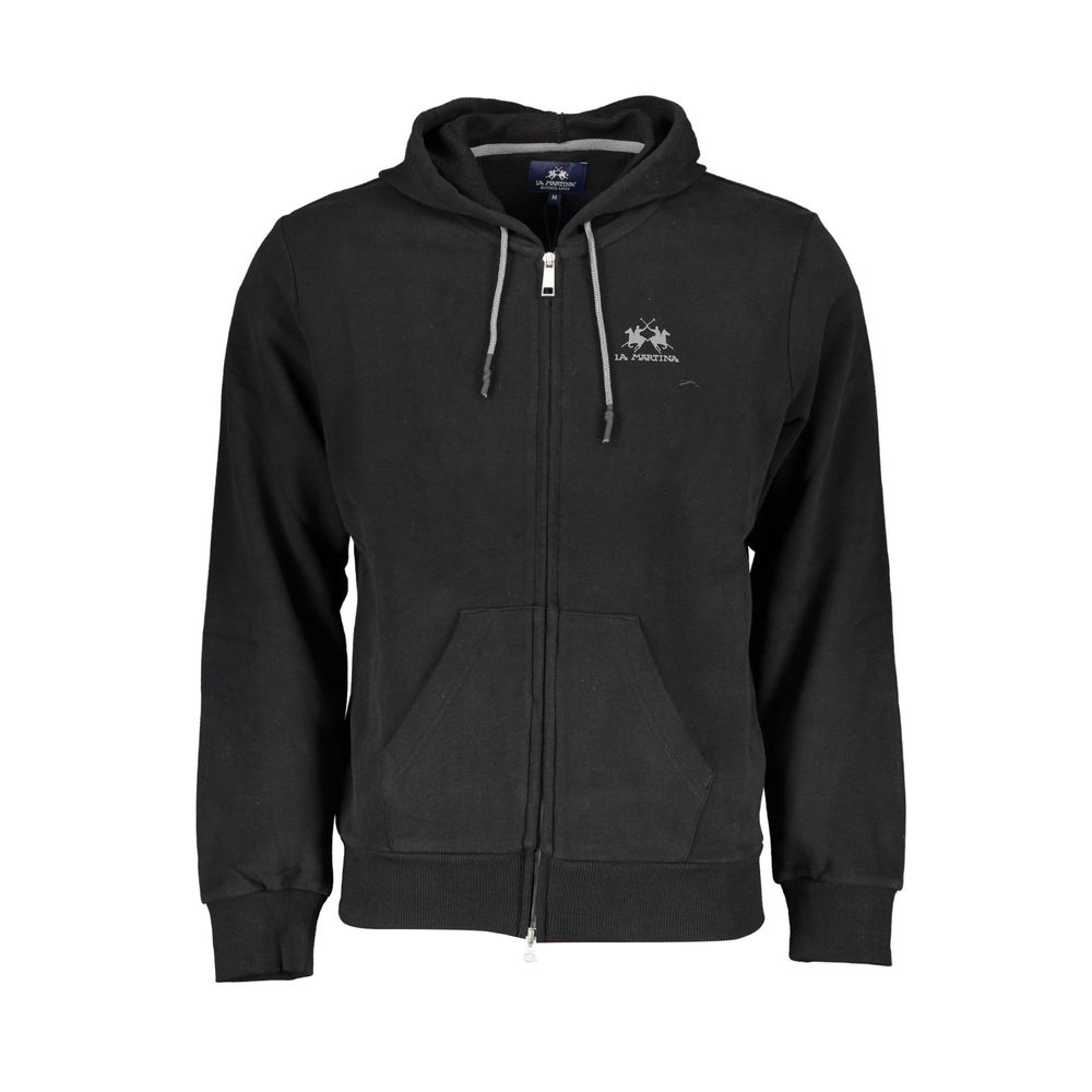 Black cotton men's hoodie sweater by La Martina featuring a hood and a relaxed fit.