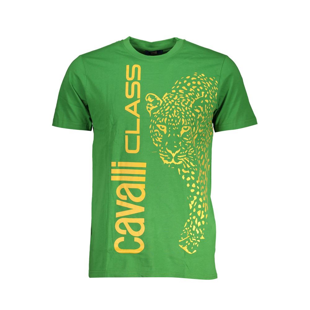 Cavalli Class Verde cotton men's T-shirt with round neckline and short sleeves, featuring a simple, stylish design.