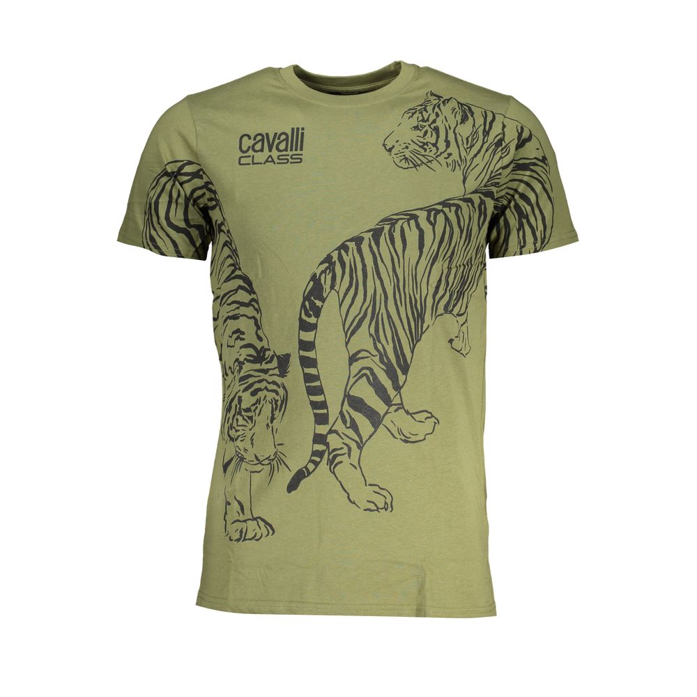 Cavalli Class Verde cotton men's T-shirt with round neckline and short sleeves, featuring a clean, simple design.