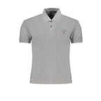 Brown cotton men's polo shirt by Napapijri, featuring a classic collar and short sleeves, laid flat on a neutral background.