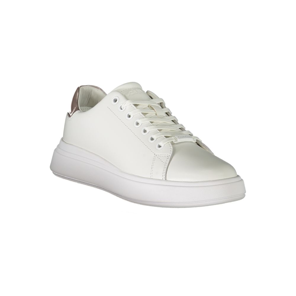 Calvin Klein white leather women's sneaker with sleek design and white laces, stylish and comfortable casual footwear.