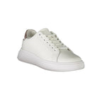 Calvin Klein white leather women's sneaker with sleek design and white laces, stylish and comfortable casual footwear.