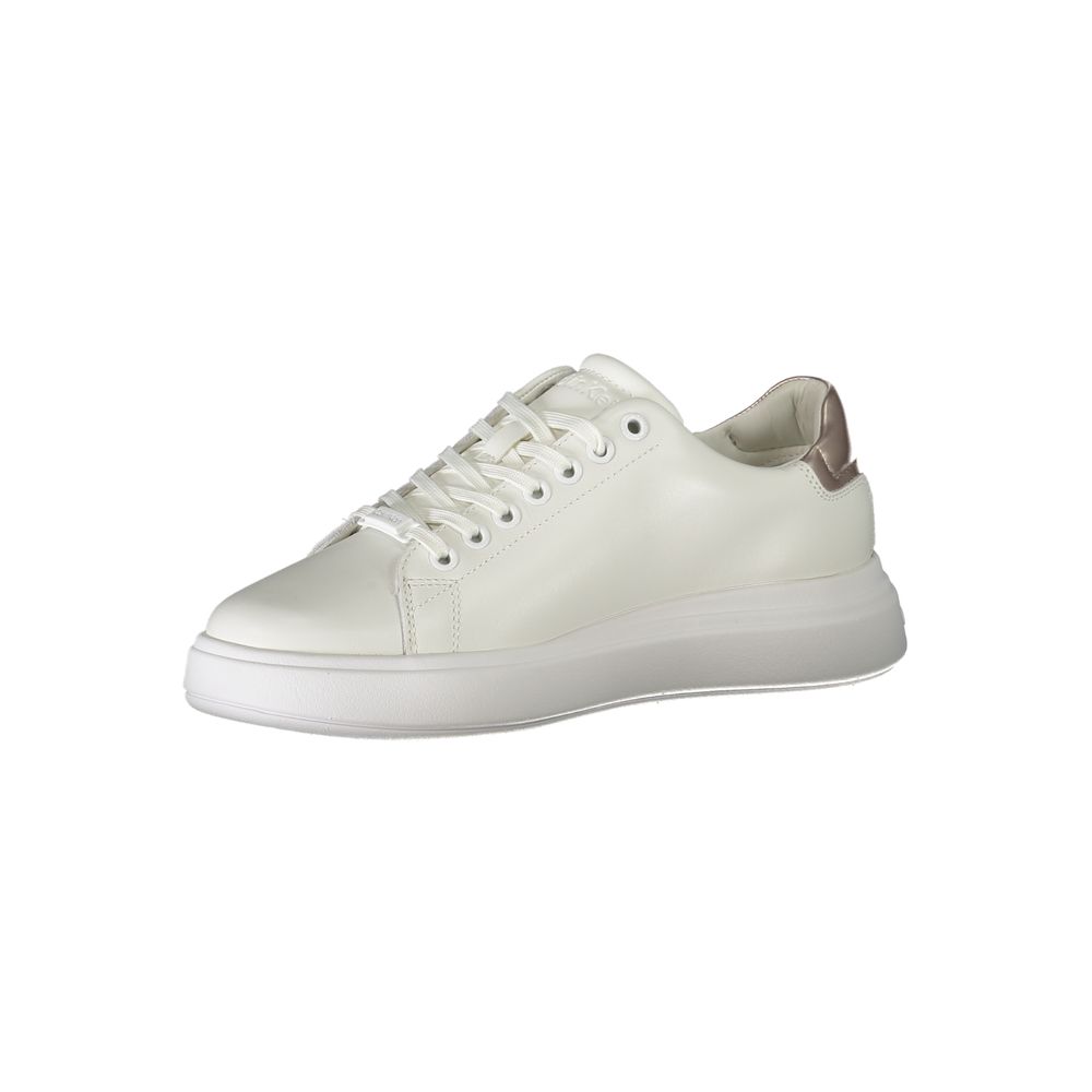 White leather women's sneaker by Calvin Klein with sleek design and subtle branding, featuring laces and a comfortable rubber sole.