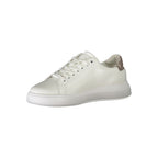 White leather women's sneaker by Calvin Klein with sleek design and subtle branding, featuring laces and a comfortable rubber sole.