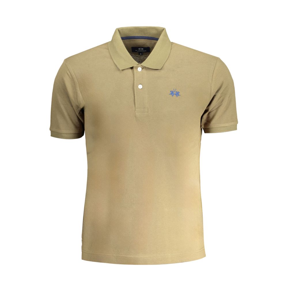 La Martina Verde cotton men's polo shirt displayed on a hanger with a classic collar and embroidered logo.