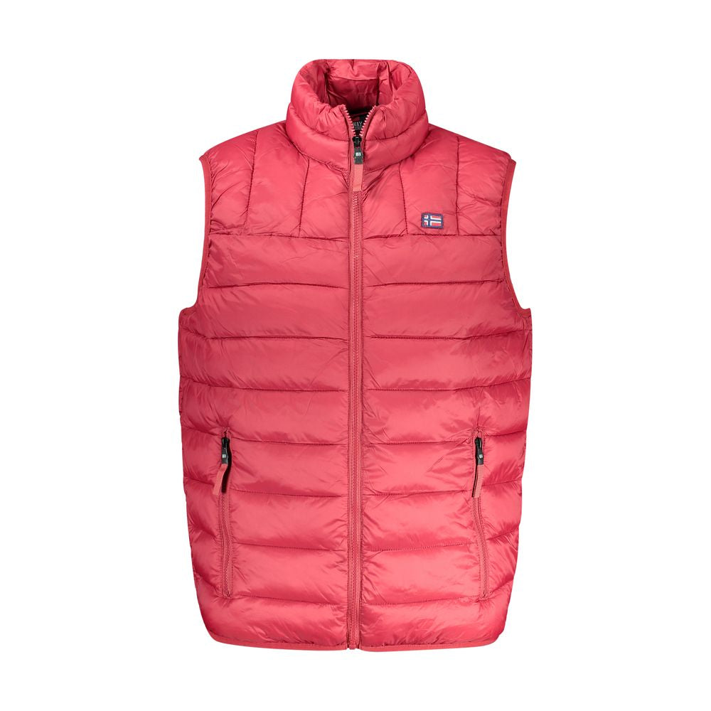 Norway 1963 Rosso polyamide men's vest displayed on a hanger, showcasing its lightweight design and vibrant red color.