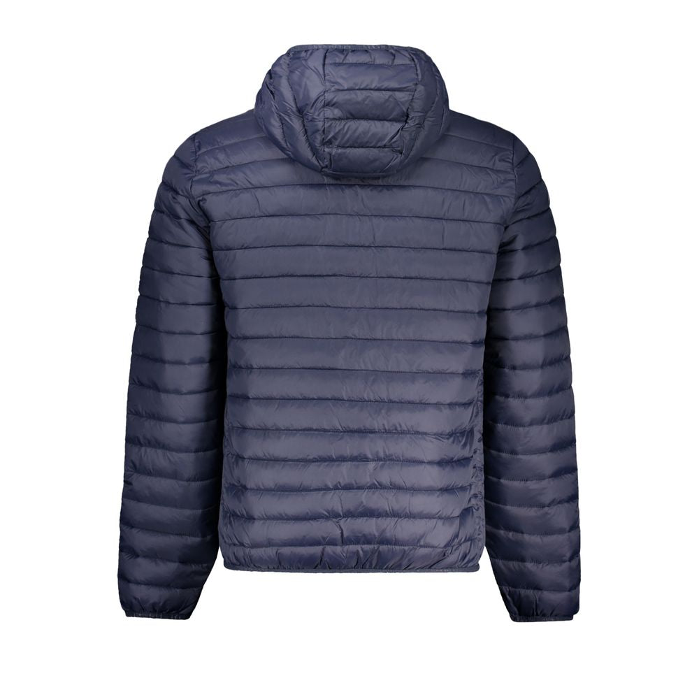 North Sails blue polyamide men's jacket hanging on a hanger, showcasing a lightweight, water-resistant outerwear piece.