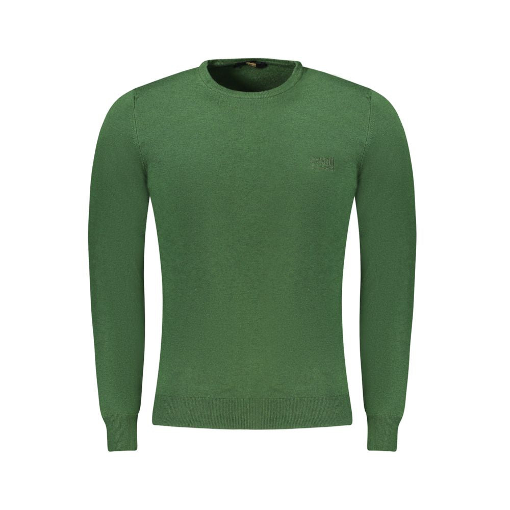 Cavalli Class Verde viscose men's sweater shown on a model, featuring a crew neck and long sleeves in a vibrant green color.
