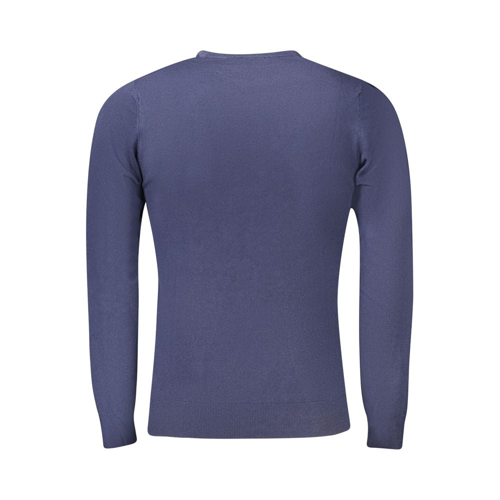 Cavalli Class Blu Viscosa men's sweater featuring a fitted design and ribbed cuffs, made from soft viscose fabric.